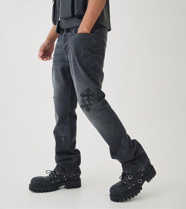 Rigid Flare Cross Embroidered Slim Fit Jeans