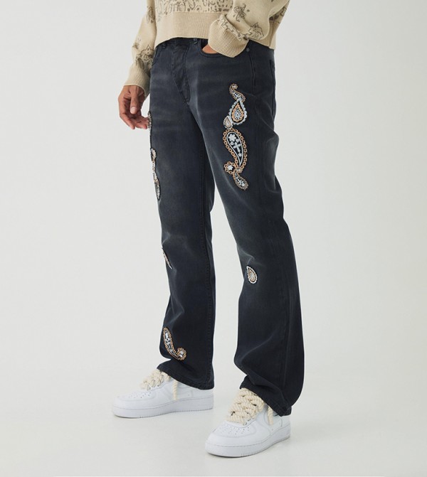 Rigid Flare Washed Paisley Appliqued Slim Fit Jeans