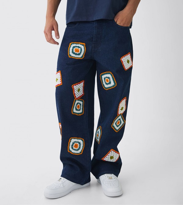 Washed Crochet Detail Baggy Jeans