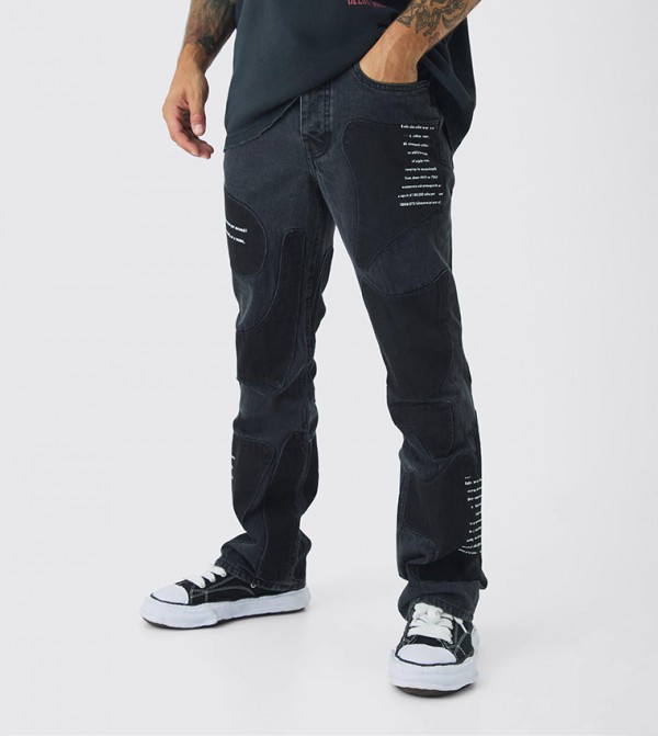 Rigid Flare Patchwork Appliqued Slim Fit Jeans