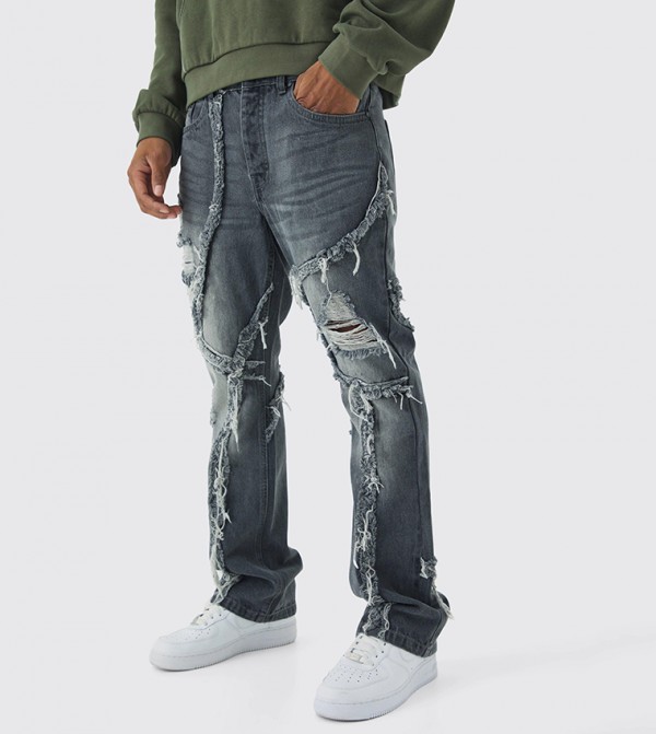 Flared Patchwork Distressed Slim Fit Jeans
