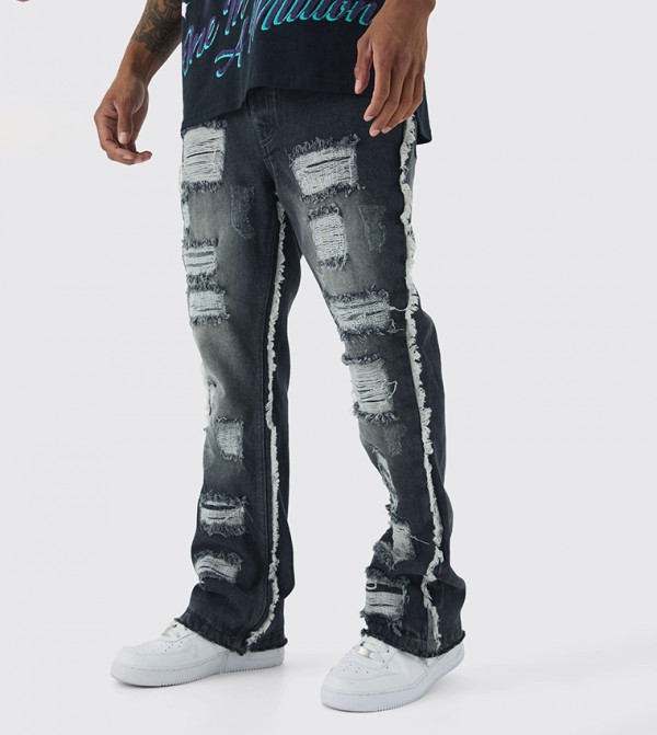 Flared All Over Ripped Slim Fit Jeans With Let Down Hem