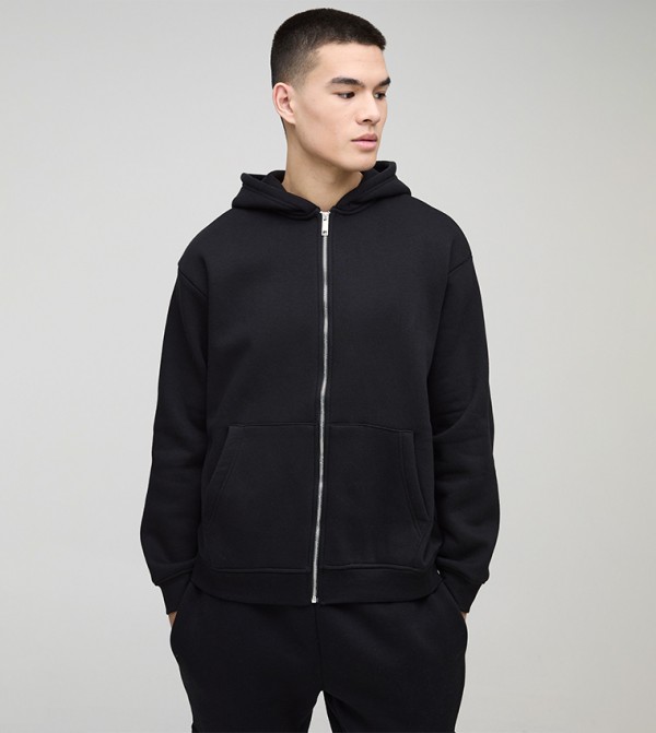 Solid Zip-Through Oversized Hooded Jacket