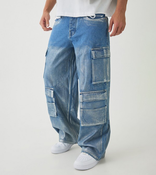 Rigid Sliver Metallic Coated Cargo Baggy Fit Jeans