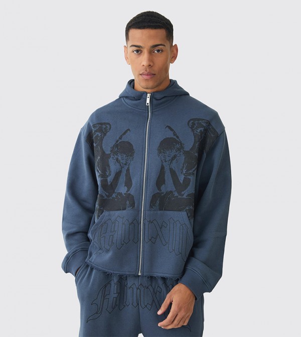Printed Zip-Through Oversized Hooded Jacket