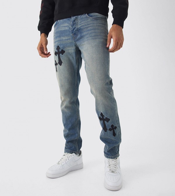 Rigid Cross Embroidered Slim Fit Jeans