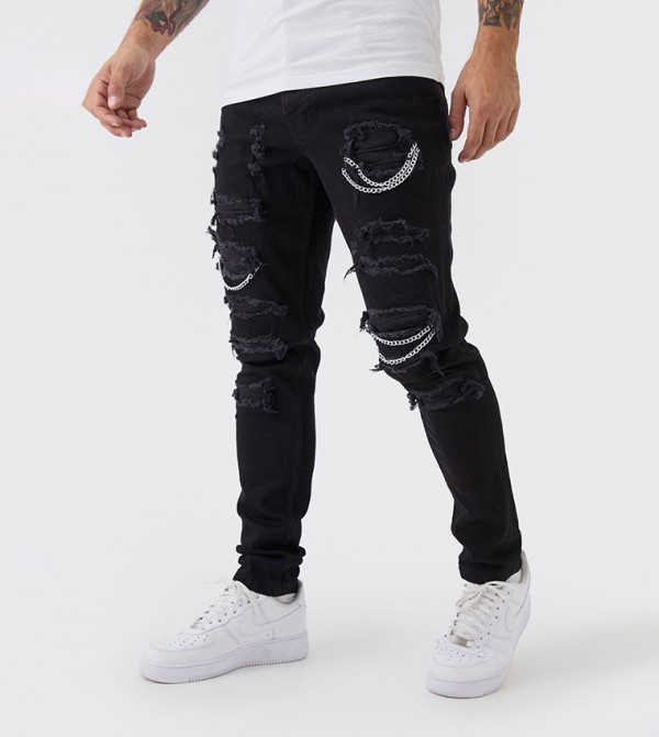 Stretch Ripped Chain Skinny Fit Jeans