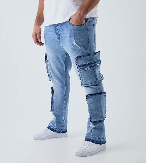 Plus & Tall Raw Seam Detail Ripped Cargo Flared Jeans