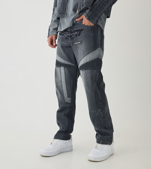 Moto Appliqued Straight Fit Jeans