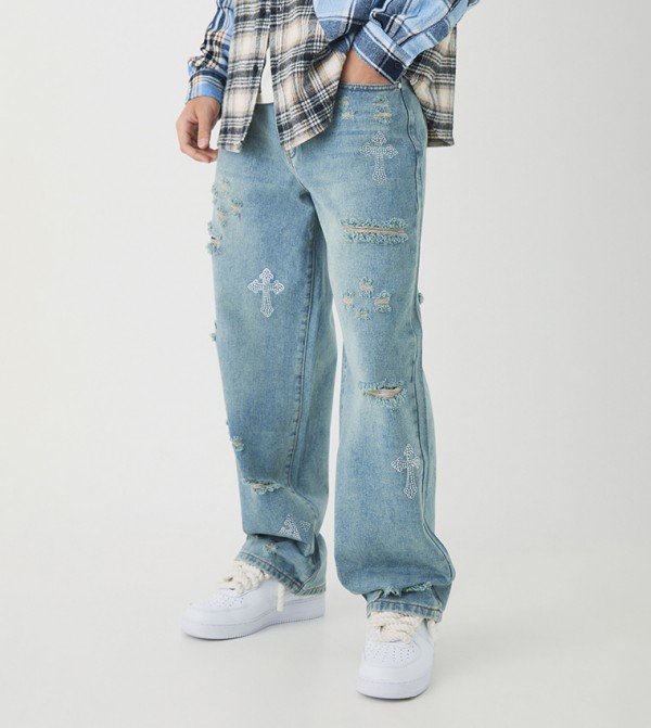 Rhinestone Cross Ripped Relaxed Fit Jeans