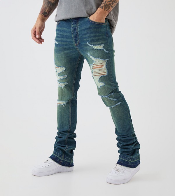 Ripped Stretch Stacked Flared Jeans