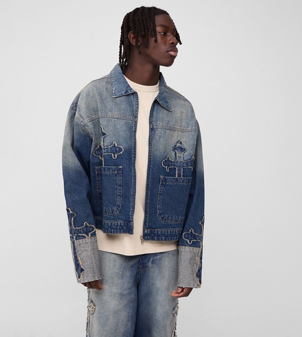 Cross Applique Boxy Fit Denim Jacket