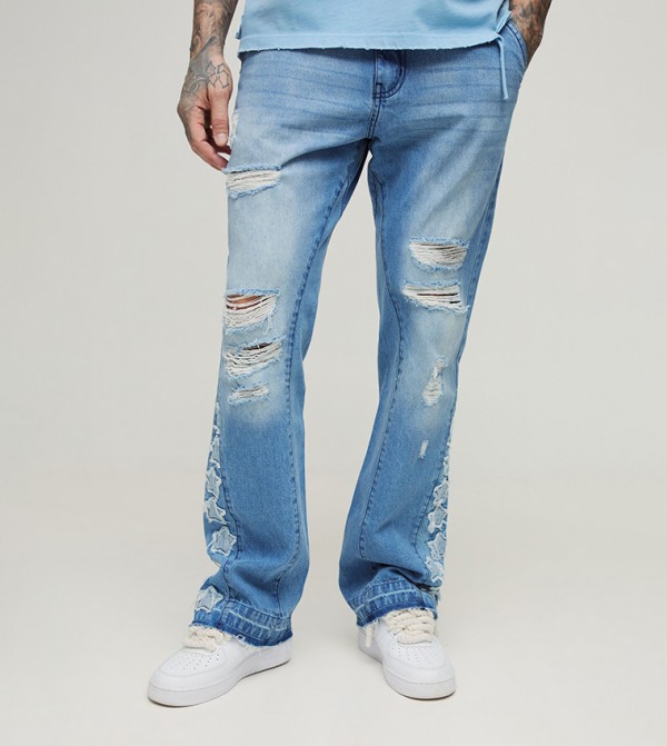 Tall Star Appliqued Gusset Distressed Flared Jeans