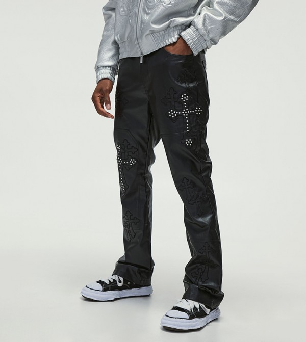 Pu Fixed Waist Slim Flare Appliqued Rhinestone Trousers