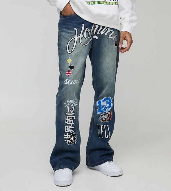 Rigid Flared Varsity Appliqued Badge Relaxed Fit Jeans