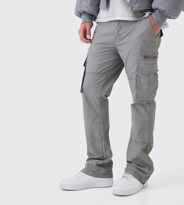 Slim Fit Zip Gusset Overdye Acid Wash Cargo Trousers