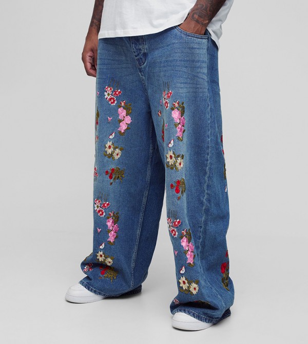 Floral Embroidered Baggy Fit Jeans