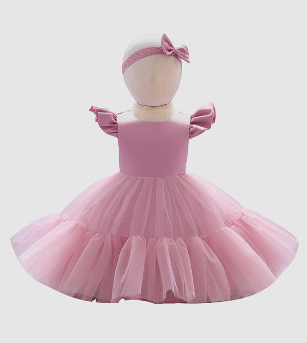 Two-Piece Baby Girl Romantic Small Flying Sleeve Long Sleeve Ruffled Mesh Dress + Bow Headscarf Spring And Autumn