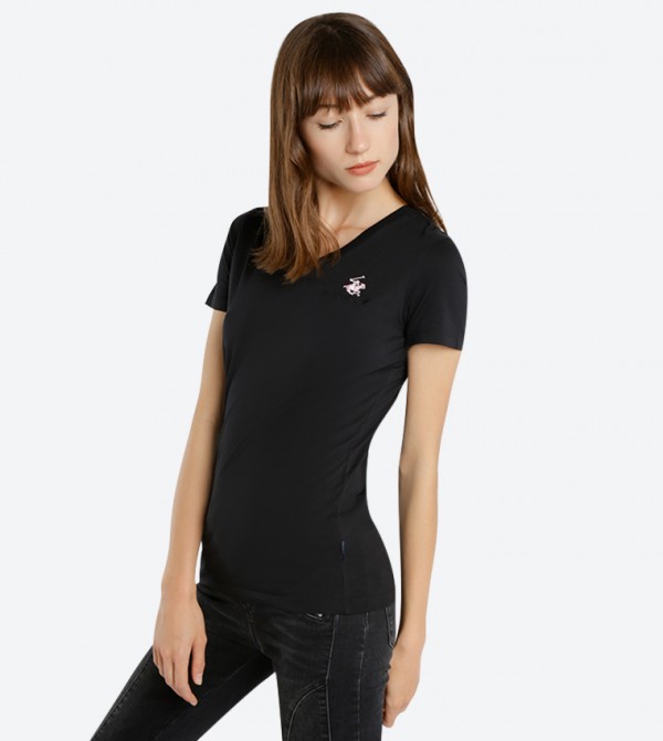 Logo Embroidered V-Neck T-Shirt - Black BP L1367