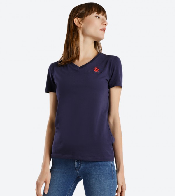 Logo Embroidered V-Neck T-Shirt - Navy BP L1367