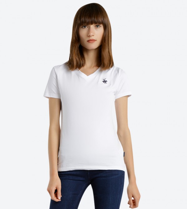 Logo Embroidered V-Neck T-Shirt - White BP L1367
