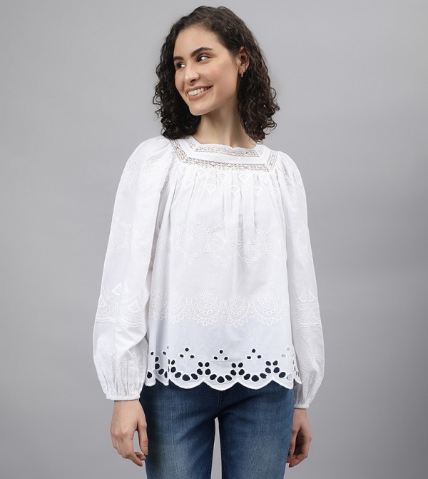 Openwork Hem Long Sleeves Woven Top