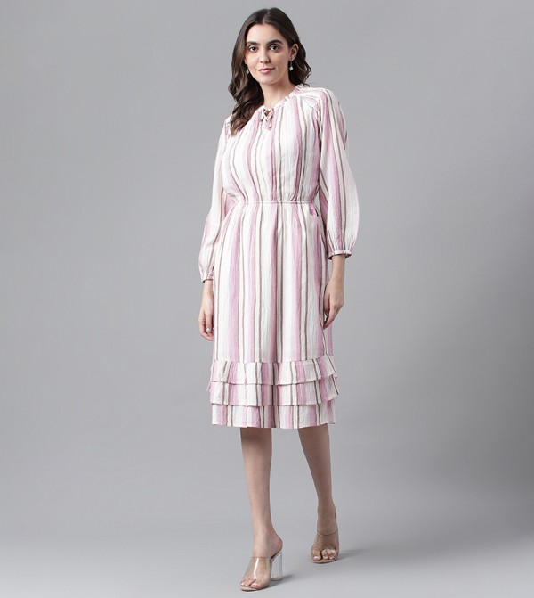 Striped Long Sleeves Ruffle Hem Midi Dress