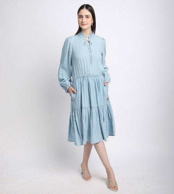 Tie-Up Neck Tiered Denim Dress