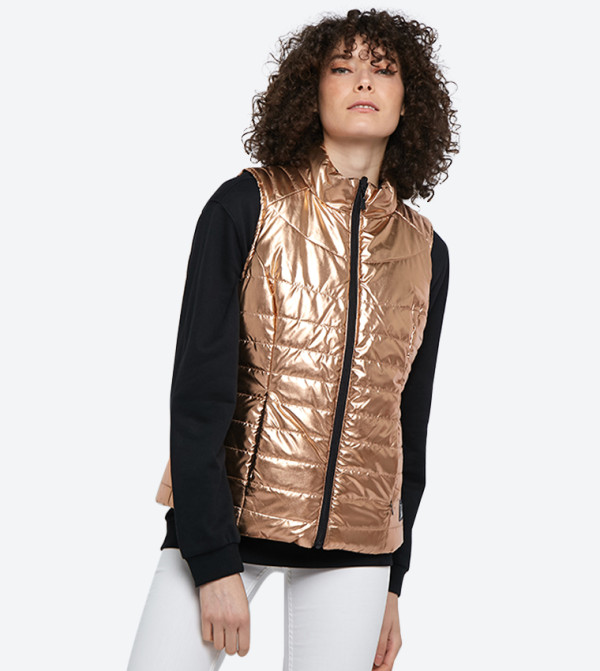 Zip Up Closure Sleeveless High Neck Jacket - Gold