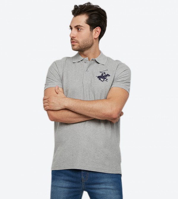 Embroidered Brand Logo Detail Short Sleeve Polo Shirt - Grey