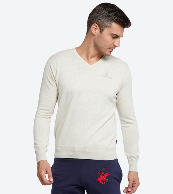 V-Neck Long Sleeve Sweater - Off White BP M7201