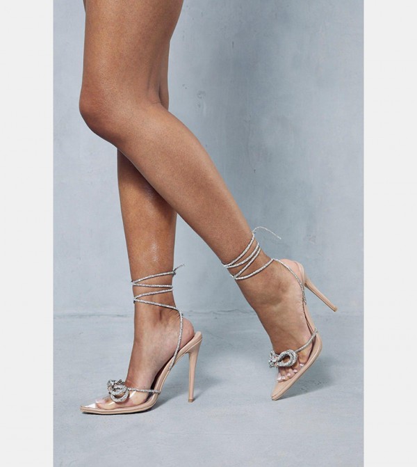 Buy MissPap Premium Diamante Bow Lace Up Heel Sandals In Beige
