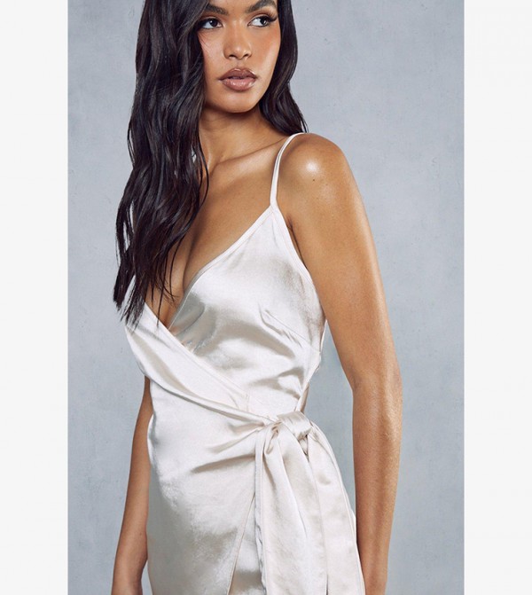 Buy MissPap Premium Textured Satin Wrap Mini Dress In White