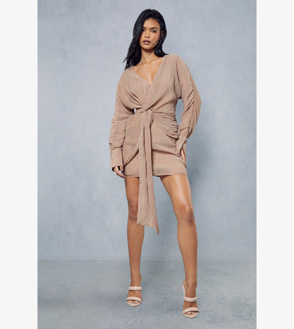 Buy MissPap Textured Crinkle Twist Front Plunge Shirt Dress In