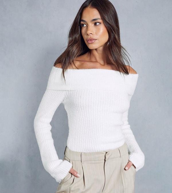 KNITTED BARDOT TOP WITH TIE DETAIL AND SCALLOPED EDGE