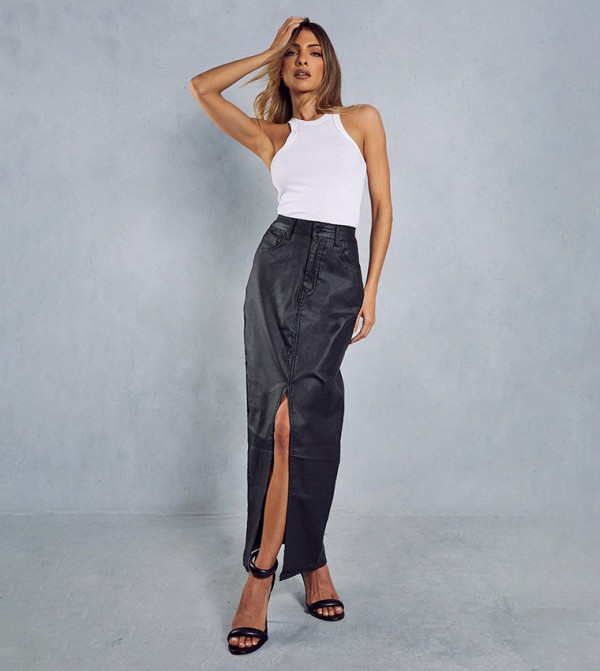 Grey Slinky Ruched Side Maxi Skirt