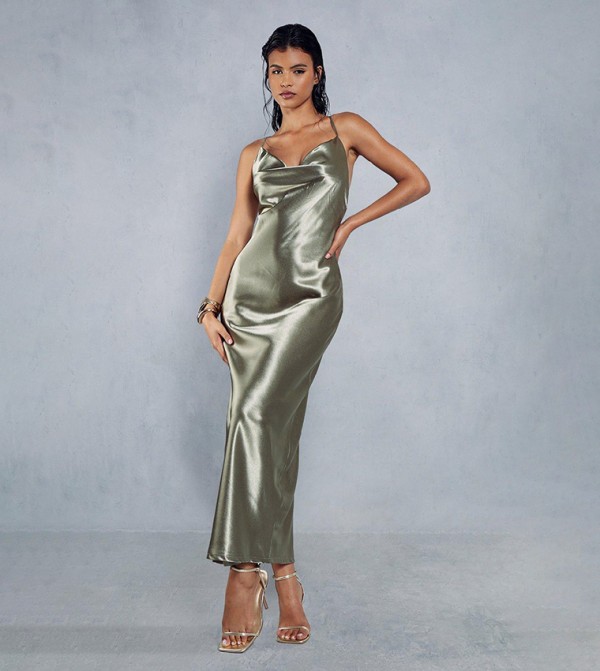 Satin Corset Draped Midi Dress