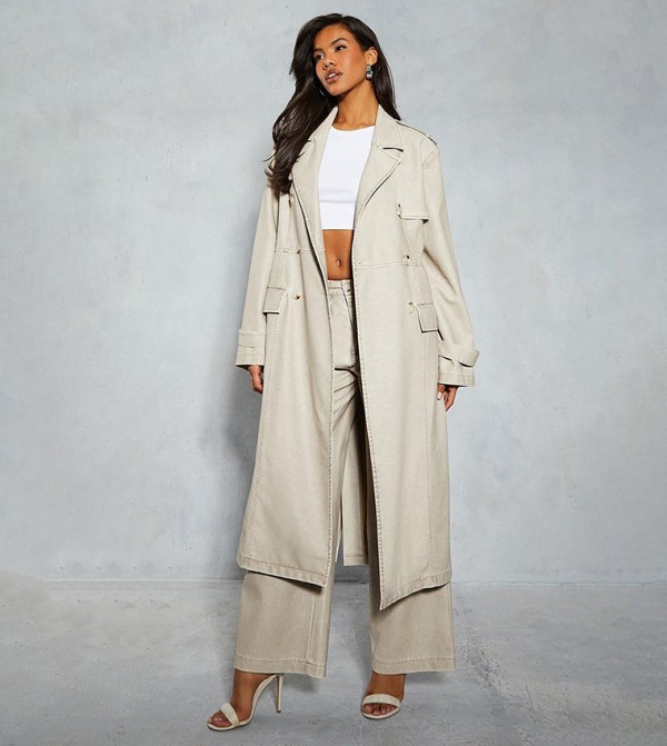Leather Look Belted Trench Coat