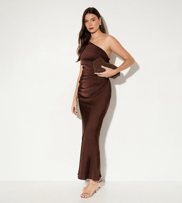 Satin Asymmetric Strap Pleated Waist Maxi Bridesmaid Dress