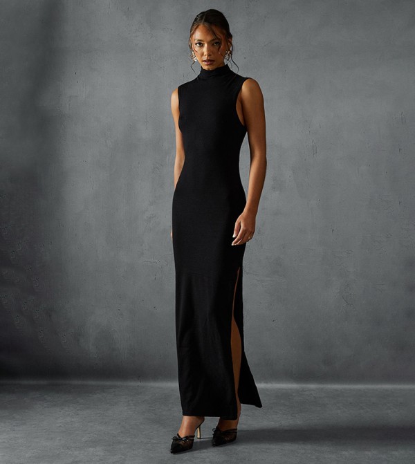 Soft Knit Grown On Neck Sleeveless Split Leg Maxi Dress