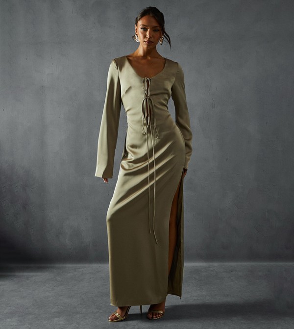 Premium Satin Tie Front Long Sleeves Maxi Dress