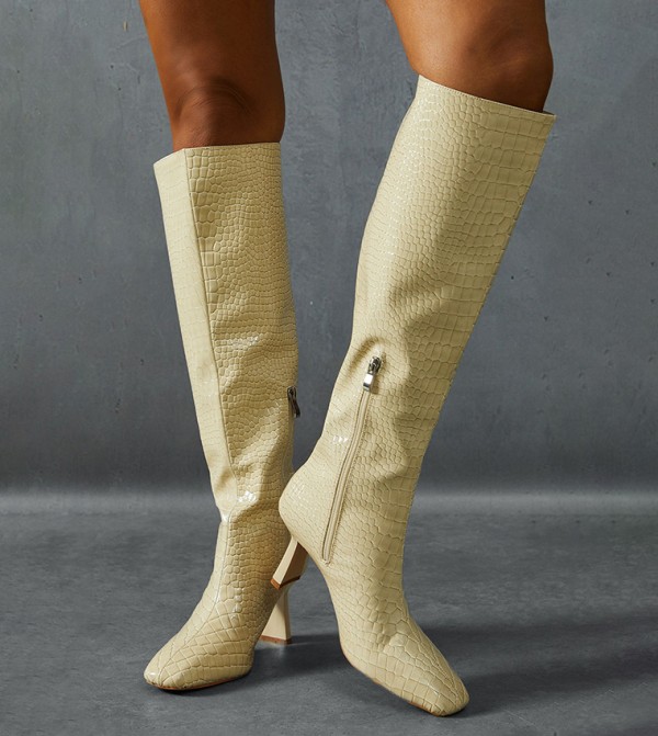 Leather Look Croc Wide Knee Heel Boots