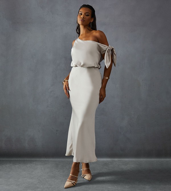 Premium Satin Off Shoulder Fishtail Bridesmaid Midi Dress