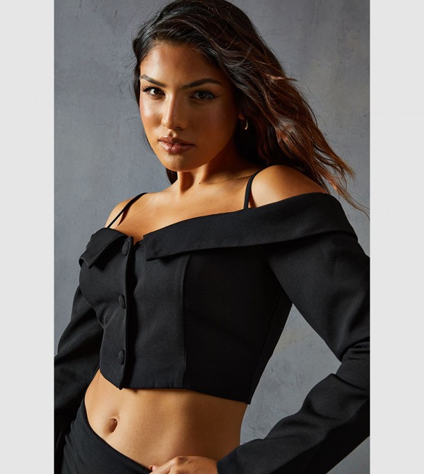 Tailored Bardot Button Down Crop Top
