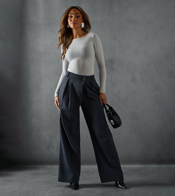 Wide Leg Asymmetric Waistband Trousers