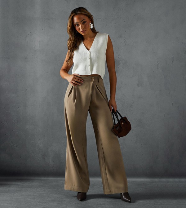 Wide Leg Asymmetric Waistband Trousers