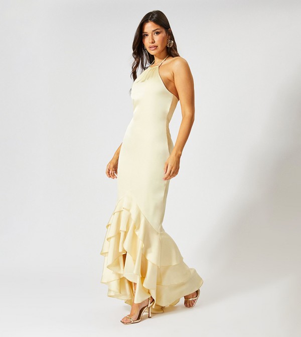 Satin Frill Hem Haterneck Maxi Dress