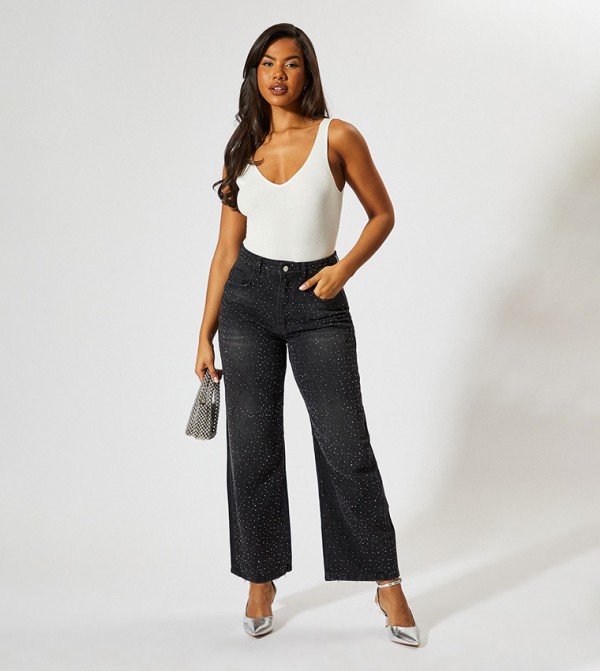 Embellished Denim Barrel Leg Jeans