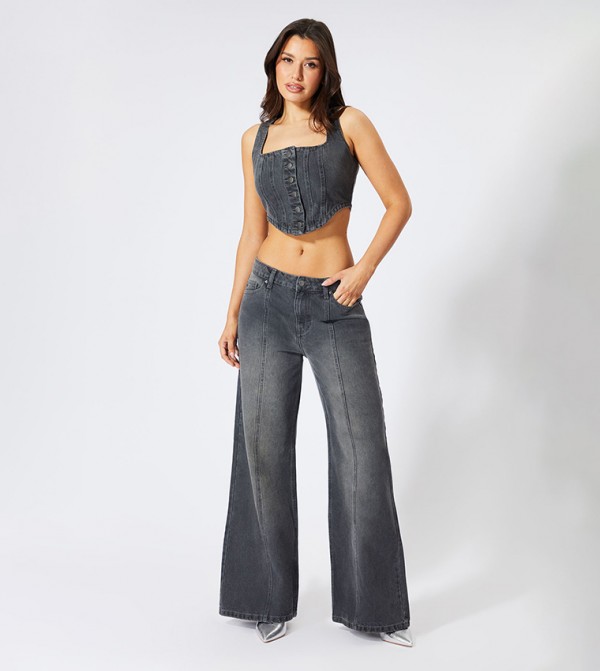 Faded Seam Front Wide Leg Jeans