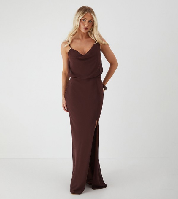 Shell Trim Asymmetric Cowl Maxi Dress